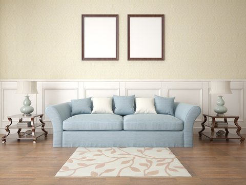 Mock up a classic living room on a retro wallpaper background with a stylish sofa.