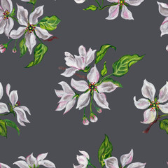 Seamless pattern from a blooming apple or pear on a gray background, painting gouache.