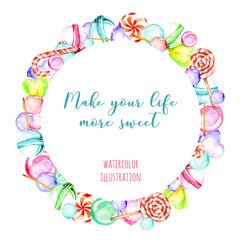 Wreath, circle frame with watercolor candies and lollipop, hand drawn isolated on a white background