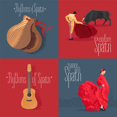 Set of vector illustrations with Spanish symbols: flamenco dancer, Spanish guitar, bull fighter - obrazy, fototapety, plakaty