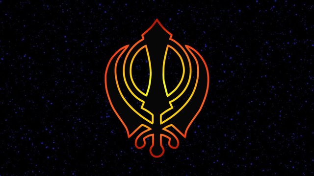 The main symbol of Sikhism – sign Khanda, on a background the black of the sky and flying stars.  