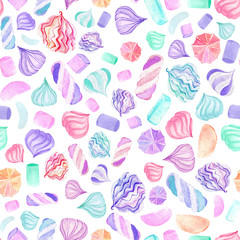 Seamless pattern with watercolor marshmallow, hand drawn isolated on a white background