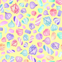 Seamless pattern with watercolor marshmallow, hand drawn isolated on a light yellow background