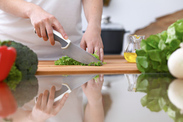 Closeup of two women are cooking in a kitchen. Friends having fun while preparing fresh salad