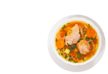 Cabbage soup with meat. top view. isolated on white