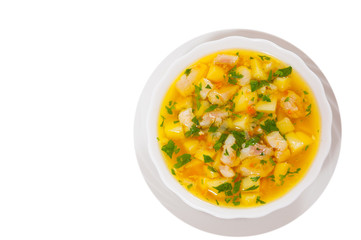 Fish soup with vegetables. top view. isolated on white