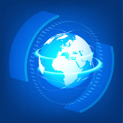 3D image globe with abstract elements and neon lights in space. Can be used for space debris, social networks, local position, communication, hi tech information items...