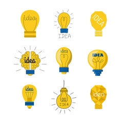 Cartoon lamp light bulb design flat vector illustration electric idea bright graphic solution concept.