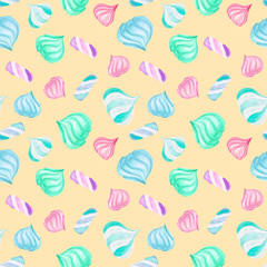 Seamless pattern with watercolor marshmallow, hand drawn isolated on a cream background