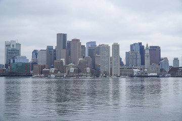 Obraz premium Skyline of Boston - view from Boston Harbor - BOSTON , MASSACHUSETTS - APRIL 3, 2017