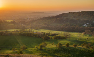 Scenic Warm Orange Sunset Sky over Gloucester Valley in England