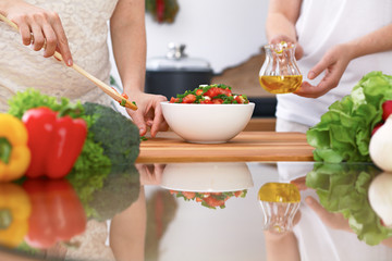 Closeup of two women are cooking in a kitchen. Friends having fun while preparing fresh salad