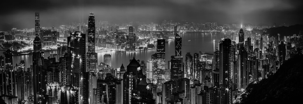 Fototapeta Black and white panorama of evening hong kong