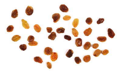 Pile of raisins isolated on white background, top view
