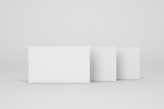 Three boxes of pills on the gray background. Pharmacy mockups for meds presentations, BADs and other kinds of pharmaceutical products. Front view.