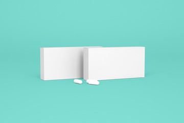 Two boxes of pills on the turquoise background. Pharmacy mockups for meds presentations, BADs and other kinds of pharmaceutical products. - 151603116