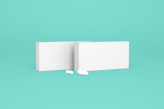 Two boxes of pills on the turquoise background. Pharmacy mockups for meds presentations, BADs and other kinds of pharmaceutical products.