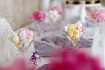 Closeup shot of a wedding candy bar decoration elements