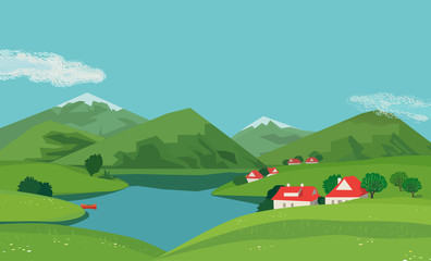 Mountain green valley landscape. Summer season lake scenic view poster. Houses on river bank in Alps mountains. Freehand cartoon outdoors retro style. Vector countryside scene banner background