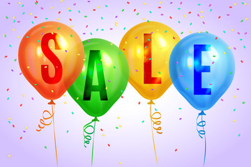 Realistic colorful balloons with text "Sale". Background for special offer, store banners, advertising, shopping. Web banner header. Vector illustration.