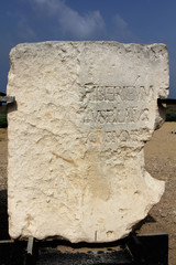 Stone monument with mention of Pontius Pilate near Herod's palace in Caesarea Maritima National Park © tynrud