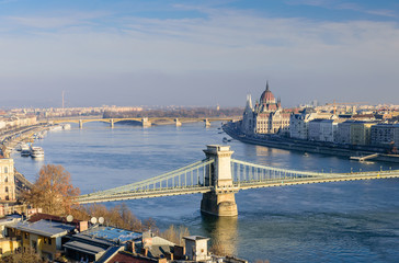 Fototapeta na wymiar Aerial view of Budapest. Hungarian landmarks: Chain Bridge, Parliament and Danube river in Budapest.