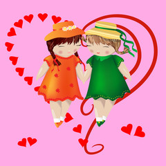 Two girls with pigtails in colored dresses and hats are holding hands, on a pink background, heart