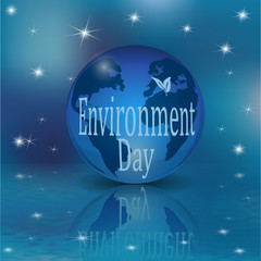 An inscription with an afternoon environment. The globe and its reflection. Blue background with stars. illustration