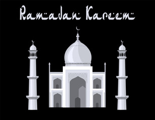 The mosque is painted in the style of the Taj Mahal temple. Ramadan Kareem. Black and white graphics with halftones. illustration