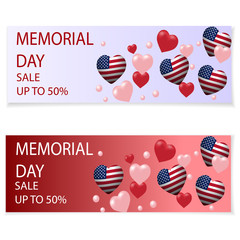 Memorial Day. Illustration in honor of the national US holiday with a heart in the USA flag style. Holiday flyers, invitations or postcards. The message about the discount, sale. illustration