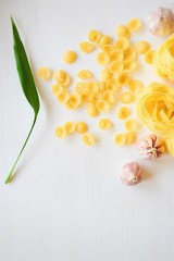 Homemade pasta and garlic on a white wooden background 