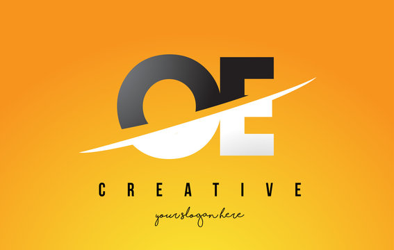OE O E Letter Modern Logo Design with Yellow Background and Swoosh.