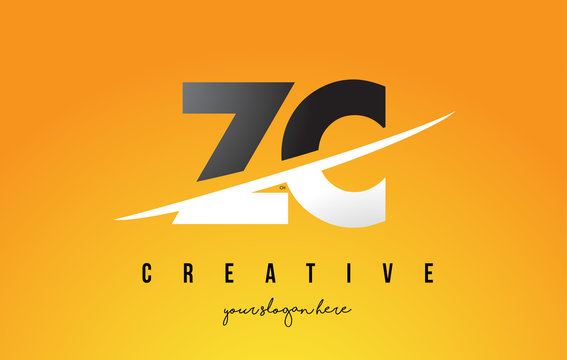 ZC Z C Letter Modern Logo Design with Yellow Background and Swoosh.