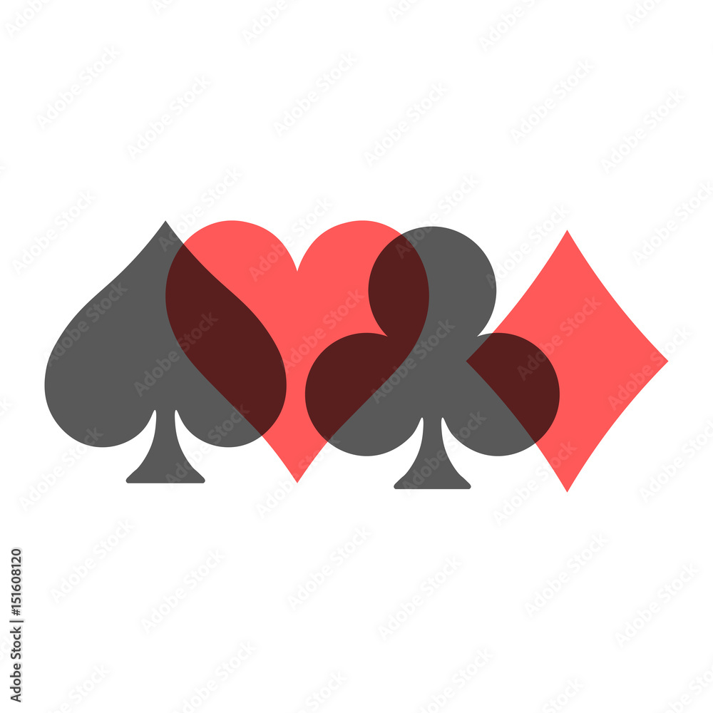 Wall mural Poker card suits - hearts, clubs, spades and diamonds - on white background. Casino gambling theme vector illustration. Black and red transparent shapes partly overlapping. - Wall murals