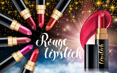 Makeup ads template Charming red lipstick mockup with sparkling background. Package Design Promotion Product. Cosmetics Advertising Banner Billboard Poster Catalog. 3D Vector Illustration