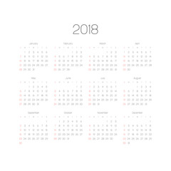 Vector calendar - Year 2018. Week starts from Sunday. Simple flat vector illustration with black numbers and letters on white background. Sundays highlighted by red.