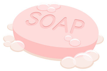 Vector illustration of a pink bar of soap with bubbles.