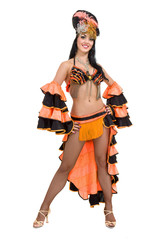 one caucasian woman samba dancer dancing isolated on white in full length