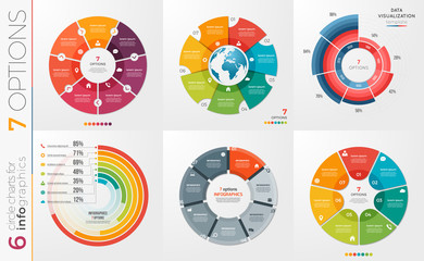 Collection of 6 vector circle chart templates 7 options. - obrazy, fototapety, plakaty