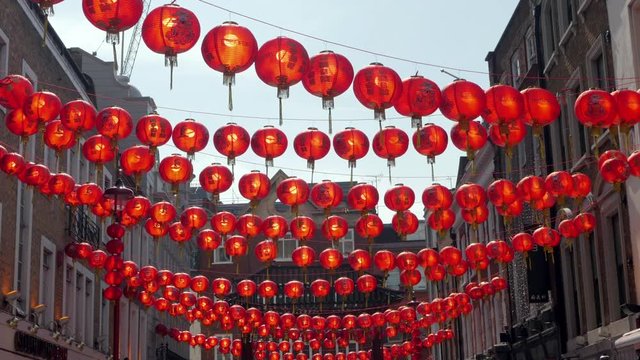 Red lanterns overhead in Chinatown, London.