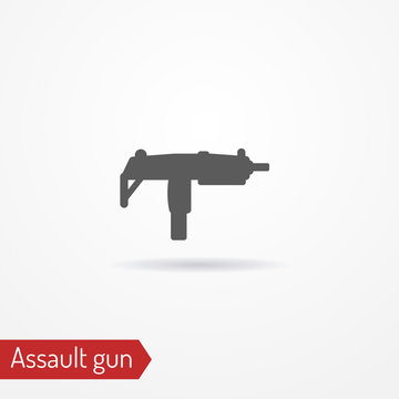 Abstract compact assault firearm. Submachine gun isolated icon in silhouette style with shadow. Typical gangster or criminal weapon. Military vector stock image.