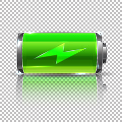 Vector Green battery, full charge. Glass realistic power battery illustration on transparent background. - 151623982