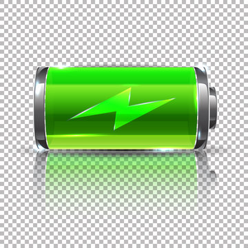 Vector Green battery, full charge. Glass realistic power battery illustration on transparent background.
