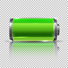 Vector Green battery, full charge. Glass realistic power battery illustration on transparent background. - 151629762