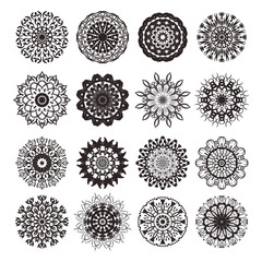 Vector set of isolated floral mandala on white background. Collection of round ornamental rangoli mandala for decoration. Ethnic elements for yoga logo, arabian or indian ornament for coloring.