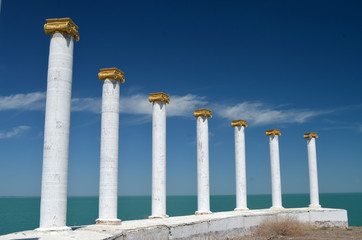 White colonnade in Priozersk city, Kazakhstan by the lake Balkhash