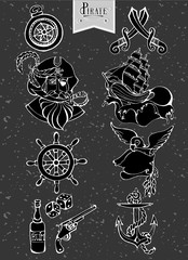 Hand drawing icons set and silhouette pirate adventure