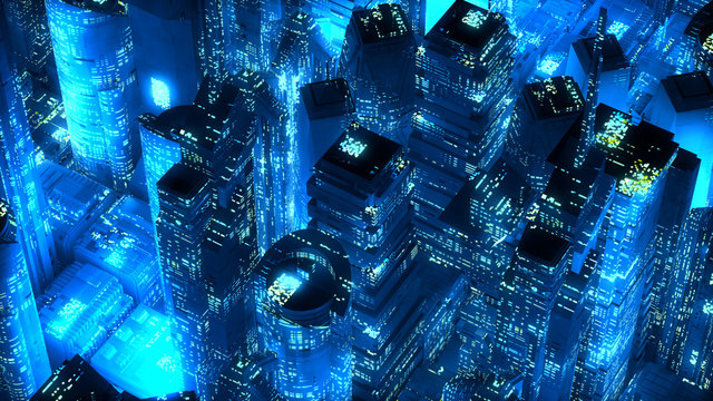 Blue Neon City Skyscrapers Modern Technology Concept