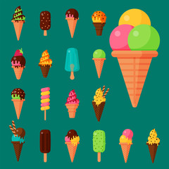 Sweet cartoon cold ice cream set and tasty frozen icecream collection vector delicious colorful desserts