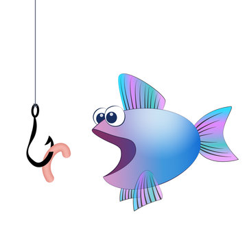 Fish hook with angling worm and a hungry fish - isolated vector comic illustration on white background.